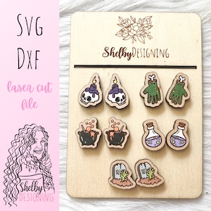 Halloween Witchy Stud Earrings Bundle SVG DXF Laser Cut File | Glowforge Halloween Earrings SVG File | Spooky Halloween Stud Earrings