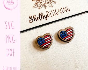 American Flag Heart Stud Earrings Glowforge Laser Cut SVG DXF File