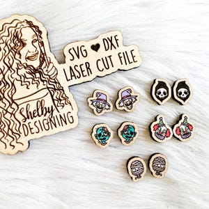 Halloween Characters Stud Earring Set Glowforge SVG File, Halloween Monsters Stud Earrings SVG File, Glowforge Halloween Earrings Laser SVG