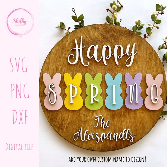 Svg Dxf Glowforge Happy Spring Bunny Sign, Custom Happy Spring Sign for Laser Cutters, Spring Door Decor Svg, Easter Bunny Silhouette Svg
