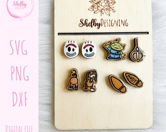 Ensemble de boucles d'oreilles film jouet Svg, boucles d'oreilles Glowforge Svg, boucles d'oreilles jouet dessin animé SVG, boucles d'oreilles Svg Dxf découpées au laser, boucles d'oreilles enfant mignon Svg