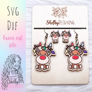 Boucles d'oreilles SVG Rudolph lumières de Noël enchevêtrées, fichier de boucle d'oreille SVG Noël Glowforge, fichier Svg de boucles d'oreilles découpées au Laser lumières enchevêtrées de renne