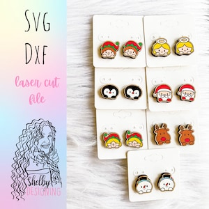 Cute Christmas Head Stud Earrings Glowforge Svg File Bundle, Christmas Stud Earrings SVG File, Glowforge Christmas Laser Cut Earrings Svgs