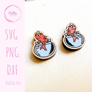 Cute Fish In Bowl Stud Earrings SVG File, Book Character Stud Earrings Svg File, Glowforge Laser Cut Svg Stud Earring File