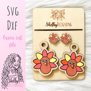 Thanksgiving Turkey Stud/Dangle Earrings Combo SVG DXF Laser Cut File | Glowforge Thanksgiving Turkey Earrings SVG File | Turkey Laser Cut