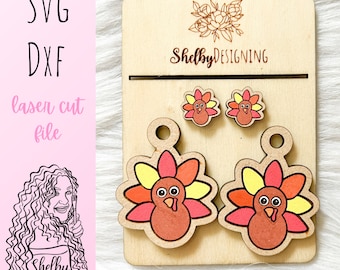 Thanksgiving Turkey Stud/Dangle Earrings Combo SVG DXF Laser Cut File | Glowforge Thanksgiving Turkey Earrings SVG File | Turkey Laser Cut