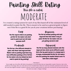 May include: A pink and white graphic with the text "Painting Skill Rating" and "This file is rated: MODERATE". The graphic describes a rating system for digital painting files based on skill level. The skill levels are Easy, Moderate, Beginner, and Advanced.