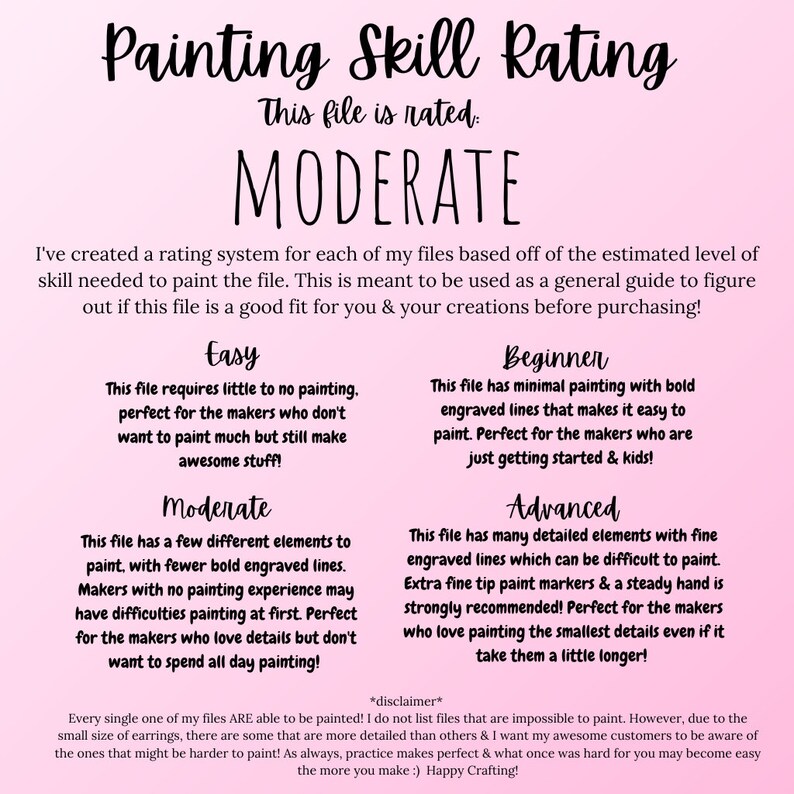 May include: A pink and white graphic with the text "Painting Skill Rating" and "This file is rated: MODERATE". The graphic describes a rating system for digital painting files based on skill level. The skill levels are Easy, Moderate, Beginner, and Advanced.