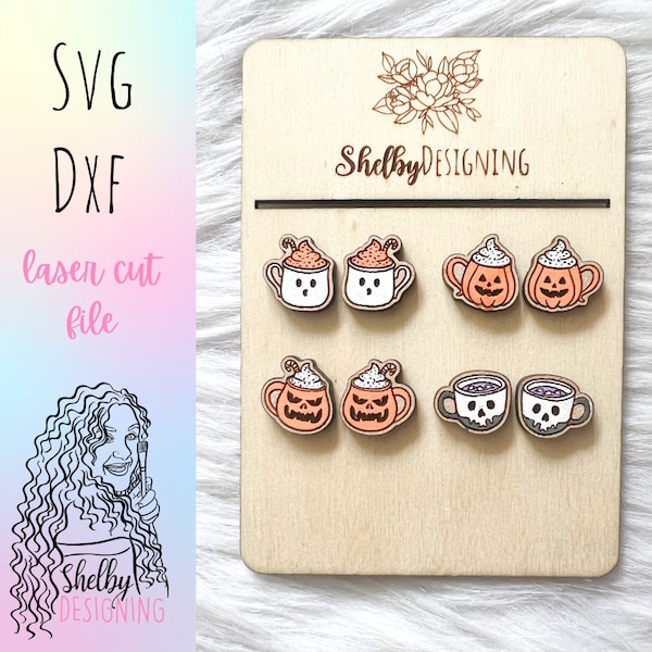 Spooky Hot Cocoa Stud Earrings Bundle SVG DXF Laser Cut File | Glowforge Halloween Earrings SVG File | Spooky Halloween Stud Earrings Svg