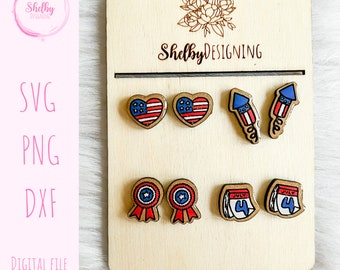 4th Of July Patriotic Stud Earrings Bundle Glowforge Laser Cut SVG DXF File | Set of 4