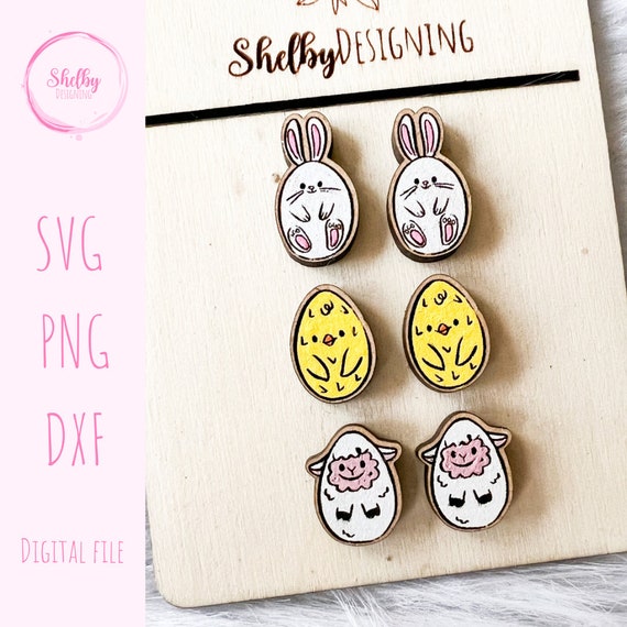 Svg Easter Egg Stud Bundle Earrings, Glowforge SVG Easter Earrings, Bunny Chick Sheep Easter Egg Earrings SVG, Laser Cut SVG Dxf Earrings
