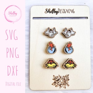 Cute Children&#39;s Book Characters Earring Set SVG File, Book Character Stud Earrings Svg. Glowforge Laser Cut Svg Dxf Digital File