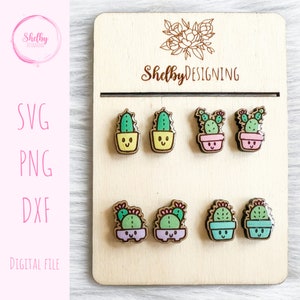 Kawaii Cactus Stud Set SVG Pendientes, Lindo Glowforge SVG Pendientes Archivos, Kawaii Planta Cactus Suculentos Pendientes Archivos SVG, Planta Pendientes Svg