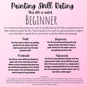 May include: A pink and white graphic with the text "Painting Skill Rating" and "This file is rated: BEGINNER". The graphic describes a rating system for digital painting files, with four skill levels: Easy, Moderate, Beginner, and Advanced. Each skill level is described with a short paragraph.