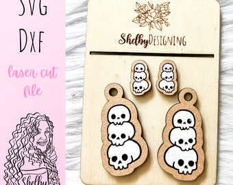 Stacked Skeleton Heads Dangle/Stud Combo Earrings SVG DXF Laser Cut File | Glowforge Halloween Earrings SVG | Skeleton Halloween Earrings
