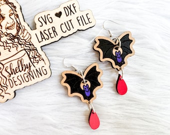 Bat & Blood 2 Piece Dangle Earrings Glowforge SVG File, Halloween Vampire Bat Earrings SVG File, Glowforge Halloween Earrings Laser SVG
