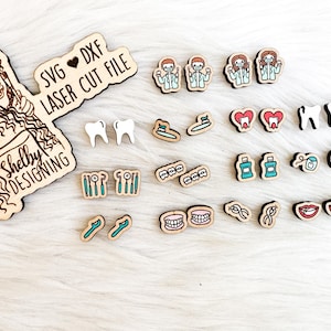 Paquete de pendientes de perno de dentista SVG DXF Archivo de corte láser para láseres / Glowforge Paquete de pernos de pendiente de dentista Svg / Pendientes de asistente dental Svg