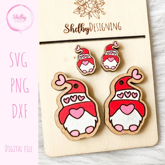 Valentines Day Gnome Earrings SVG, Cute Valentines Gnome Stud/Dangle SVG File, Glowforge Valentines Day Earrings, Valentines Day Laser Svg