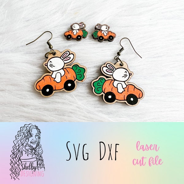 Svg Cute Bunny in a Carrot Car Stud/Dangle Earrings, Glowforge SVG Earrings, Cute Easter Bunny Earrings SVG, Laser Cut SVG Dxf Earrings