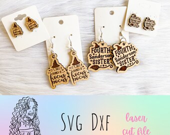 May include: Three pairs of laser cut wooden earrings featuring a Hocus Pocus theme. The first pair features a witch's hat with the text "It's just a bunch of hocus pocus". The second pair features a witch's hat with the text "Fourth Sanderson Sister". The third pair features a witch's hat with the text "Fourth Sanderson Sister".