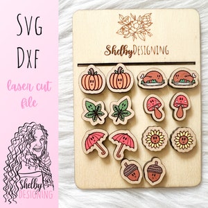May include: Wooden laser cut file featuring various fall-themed designs, including pumpkins, turkey, leaves, mushrooms, umbrellas, sunflowers, and acorns. The text "SVG DXF laser cut file" and "Shelby Designing" are also visible.