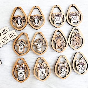 Minimalistic Floral Farm Animal Dangle Earrings Bundle SVG DXF File | Glowforge Dangle Earrings SVG | Farm Laser Cut Earring Svg File