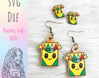Schattig Kawaii Crayons Dangle/Stud Earring Combo SVG-bestand voor Glowforge, SVG Crayon Oorbellen, Laser Cut Teacher School Svg Dxf Earring-bestanden