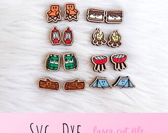 Kawaii Camping Stud Earrings Glowforge Svg Bundle, Summer Camping Stud Earrings SVG, Glowforge Laser Cut Cute Kawaii Stud Earrings Bundle