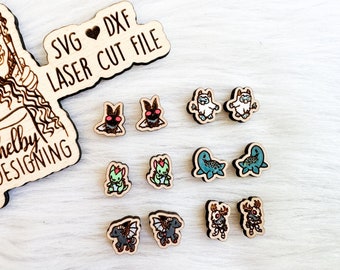 Kawaii Cryptid Cuties Stud Earrings Glowforge Svg Bundle, Kawaii Cryptozoologist Stud Earrings SVG, Laser Cut Stud Earring Bundle Mothman