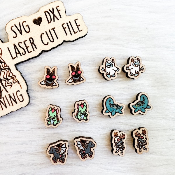 Kawaii Cryptid Cuties Stud Earrings Glowforge Svg Bundle, Kawaii Cryptozoologist Stud Earrings SVG, Laser Cut Stud Earring Bundle Mothman