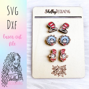 Cute Cat w Hat Stud Earring Set SVG File, Book Studs Svg, Glowforge Laser Cut Svg Stud Earring File, Children&#39;s Book Stud Earrings Svg