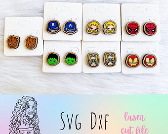 Superhero Chibi Stud Earrings Glowforge Svg Bundle, Superheroes Stud Earrings SVG File, Glowforge Laser Cut Superhero Earrings Svg Bundle