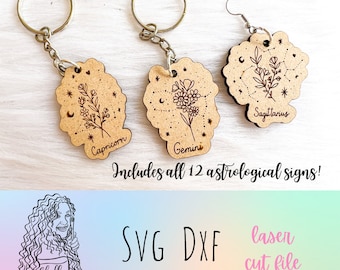 Minimalistic Astrological Sign Keychain Bundle Glowforge Laser Cut SVG DXF File