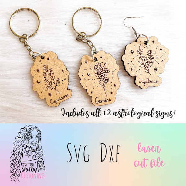 Minimalistic Floral Astrological Sign Keychain/Earring Svg File, Glowforge Astrological Signs Svg File, Floral Keychain Laser Cut Svg File