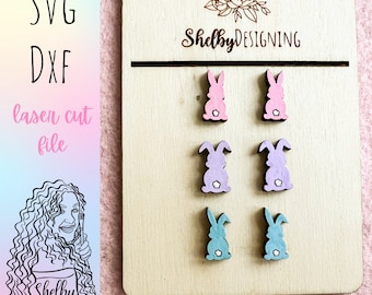 Svg Cute Easter Bunny Silhouette Stud Earring Set, Glowforge SVG Easter Bunny Earrings, Easter Bunny Silhouette Laser Cut SVG Dxf Earrings