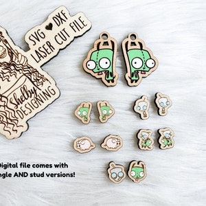Cartoon Alein Stud AND Dangle Oorbellen Glowforge Svg-bundel, Alien Cartoon Stud/Bengel Oorbellen SVG-bestand, Glowforge Laser Cut Oorbellen Svg