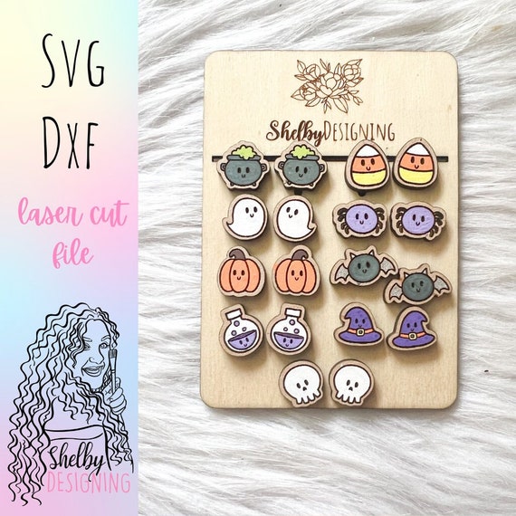 Kawaii Halloween Stud Earrings Bundle Glowforge Laser Cut SVG DXF File | Set of 9