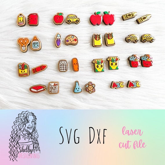 School Supplies Stud Earrings Bundle Glowforge Laser Cut SVG DXF File | Set of 15