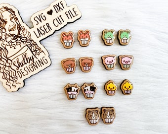 カップケーキ動物スタッドピアス Glowforge SVG バンドル、かわいいカップケーキスタッドピアス SVG ファイル、Glowforge レーザーカットかわいいカップケーキスタッドピアス