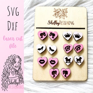 Pink Girls Heart Stud Earrings Bundle SVG DXF Laser Cut File | Glowforge Stud Earrings Svg |  Girl Shopping Stud Earrings Bundle svg dxf