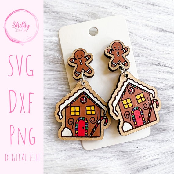 Cute Gingerbread House Stud Dangle SVG Earrings, Glowforge SVG Christmas Earring Files, Christmas Earrings Svg Files, Gingerbread Earrings