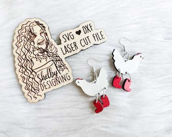 Walkin' Chicken w Boots Dangle Earring SVG DXF File | Glowforge Chicken Dangle Earring SVG | Farm Chicken Laser Cut Earring Svg File