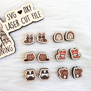 Cute Baby Woodland Stud Earrings Glowforge Svg Bundle, Kawaii Woodland Animals Stud Earrings SVG, Laser Cut Stud Animal Earrings Svg File