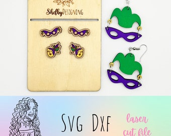 Clous d'oreilles Mardi Gras & fichier Dxf Svg pendant 2 pièces, boucles d'oreilles découpées au Laser Mardi Gras SVG, fichier Svg de boucle d'oreille Glowforge Mardi Gras New Orleans