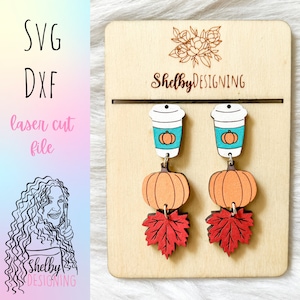 Autumn Pumpkin Spice 3 Piece Dangle Earrings SVG DXF Laser Cut File | Glowforge Fall Dangle Earrings SVG File | Fall Autumn Dangle Earrings