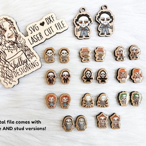 Super Horror Chibi Stud E Dangle Brincos Glowforge Svg Bundle, Horror Movie Stud Brincos SVG Bundle, Glowforge Laser Cut Halloween Svg