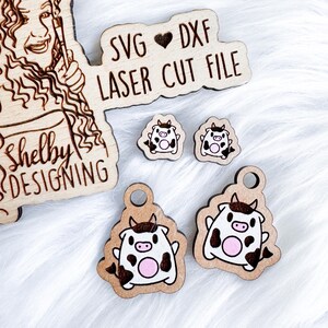 Schattige koe oorstekers SVG, Glowforge SVG dxf lasergesneden bestand, cartoon koe oorknopjes SVG, landbouwhuisdieren oorbel lasergesneden dxf