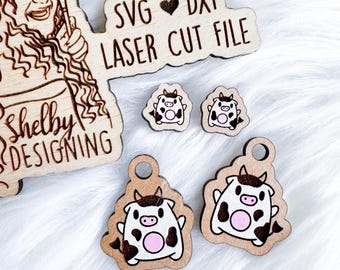 Cute Cow Stud/Dangle Earring Svg, Glowforge SVG Dxf Laser Cut File, Cartoon Cow Stud Earrings SVG, Farm Animal Earring Laser Cut Dxf