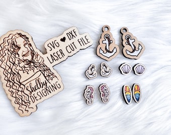 Conjunto de pendientes colgantes y de botón con diseño náutico oceánico, archivo SVG DXF de Glowforge cortado con láser / Juego de 4