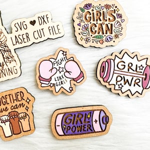 Feminismus Girl Power Pin/Magnet Bundle SVG DXF Datei, Glowforge Women Empowerment Pins SVG, Girls Can Feminist Bundle für Laser Maker